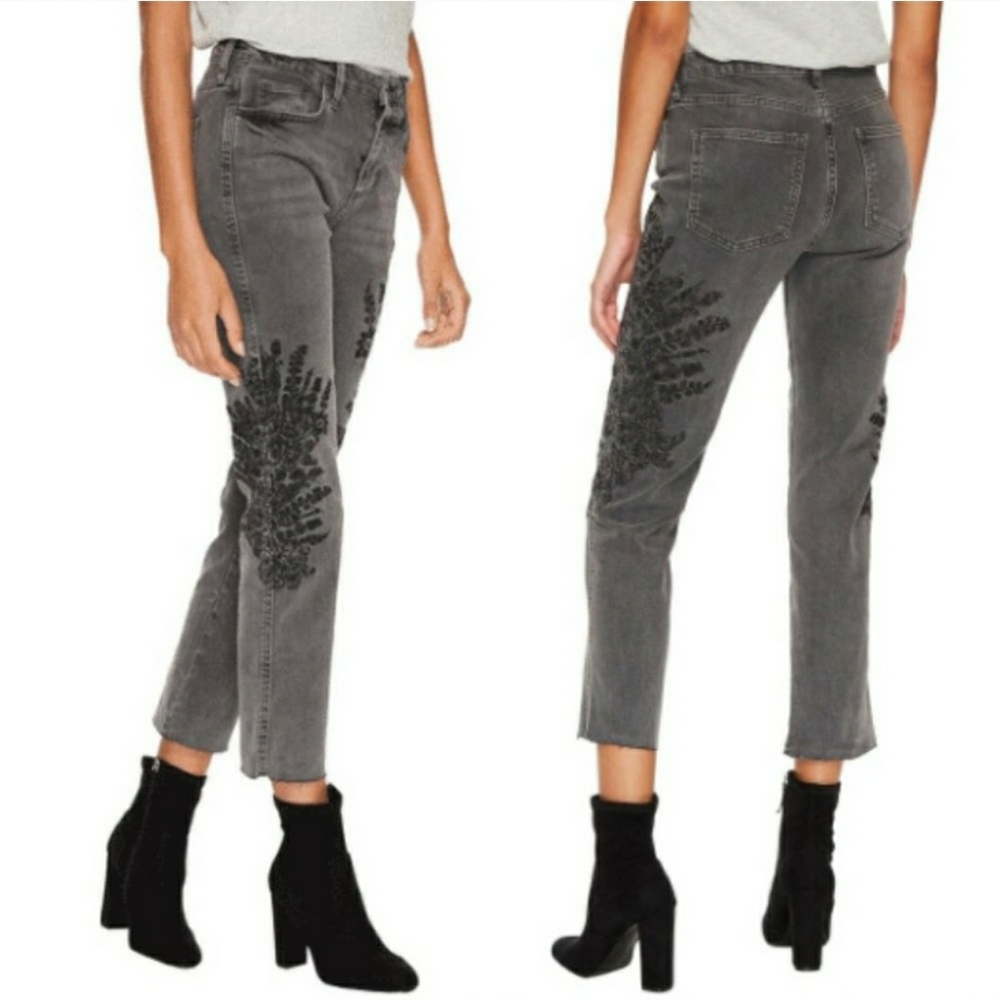 Free People Embroidered Girlfriend Crop Jeans dark Grey Floral 25